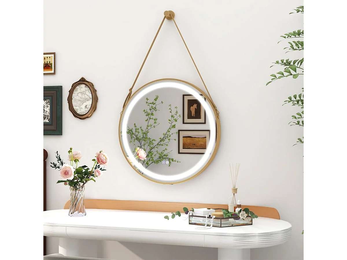 Miroir Mural de Salle de Bain Miroir Circulaire 60 x 60 cm avec Sangle de Suspension Lumière LED 3 Couleurs Fonction Mémoire, Argent