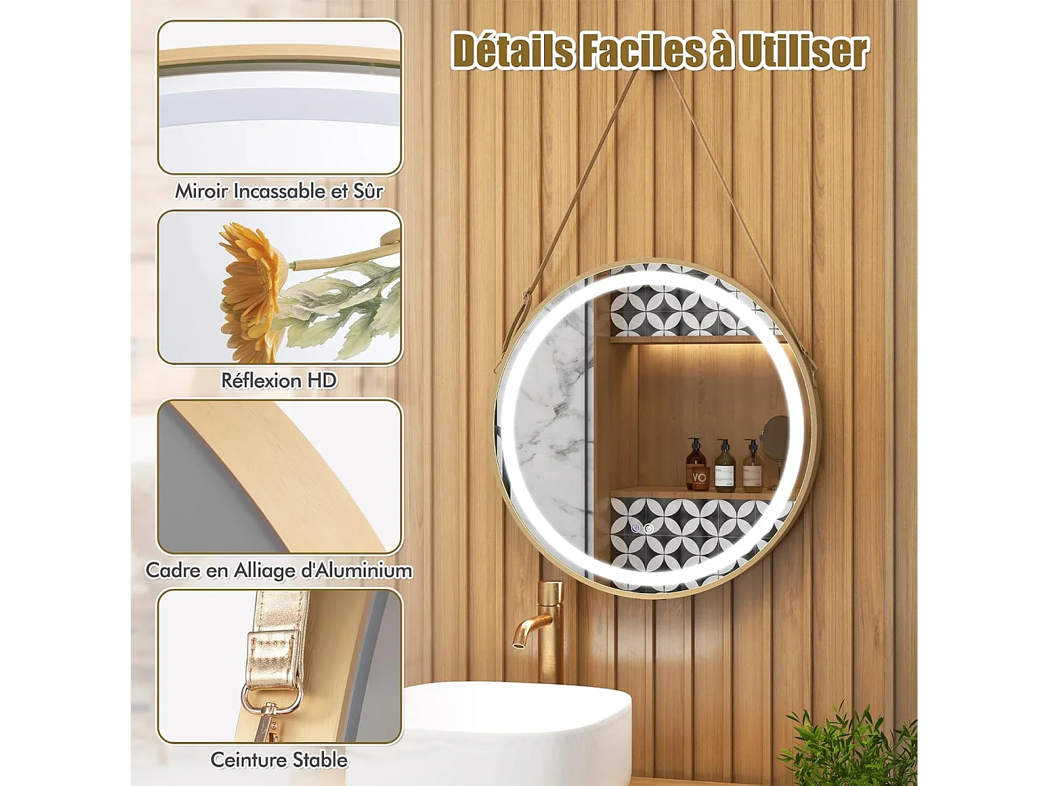 Miroir Mural de Salle de Bain Miroir Circulaire 60 x 60 cm avec Sangle de Suspension Lumière LED 3 Couleurs Fonction Mémoire, Argent