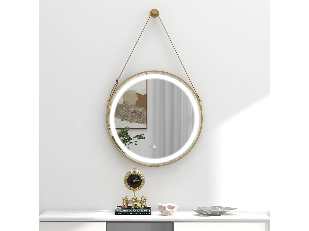Miroir Mural de Salle de Bain Miroir Circulaire 60 x 60 cm avec Sangle de Suspension Lumière LED 3 Couleurs Fonction Mémoire, Argent