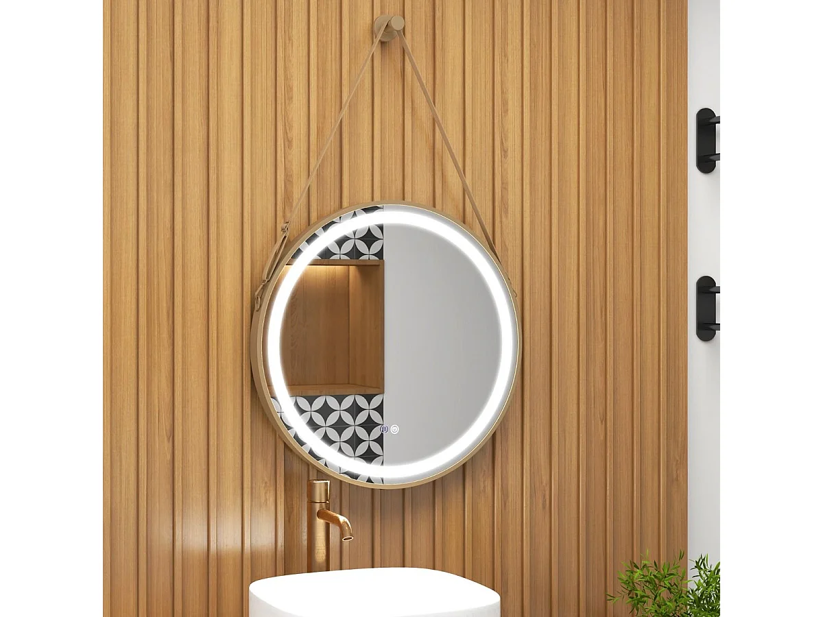 Miroir Mural de Salle de Bain Miroir Circulaire 60 x 60 cm avec Sangle de Suspension Lumière LED 3 Couleurs Fonction Mémoire, Argent