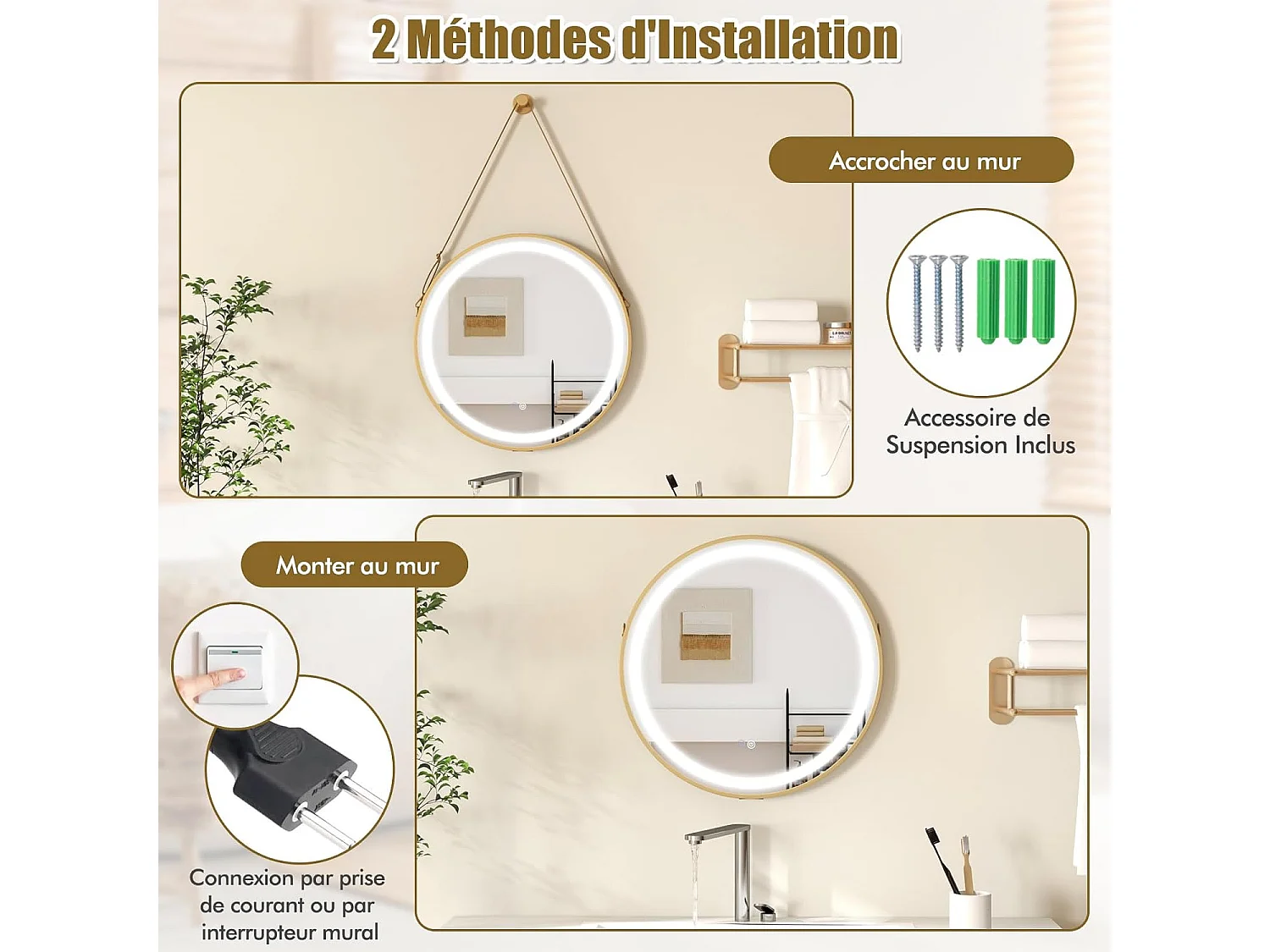 Miroir Mural de Salle de Bain Miroir Circulaire 60 x 60 cm avec Sangle de Suspension Lumière LED 3 Couleurs Fonction Mémoire, Argent