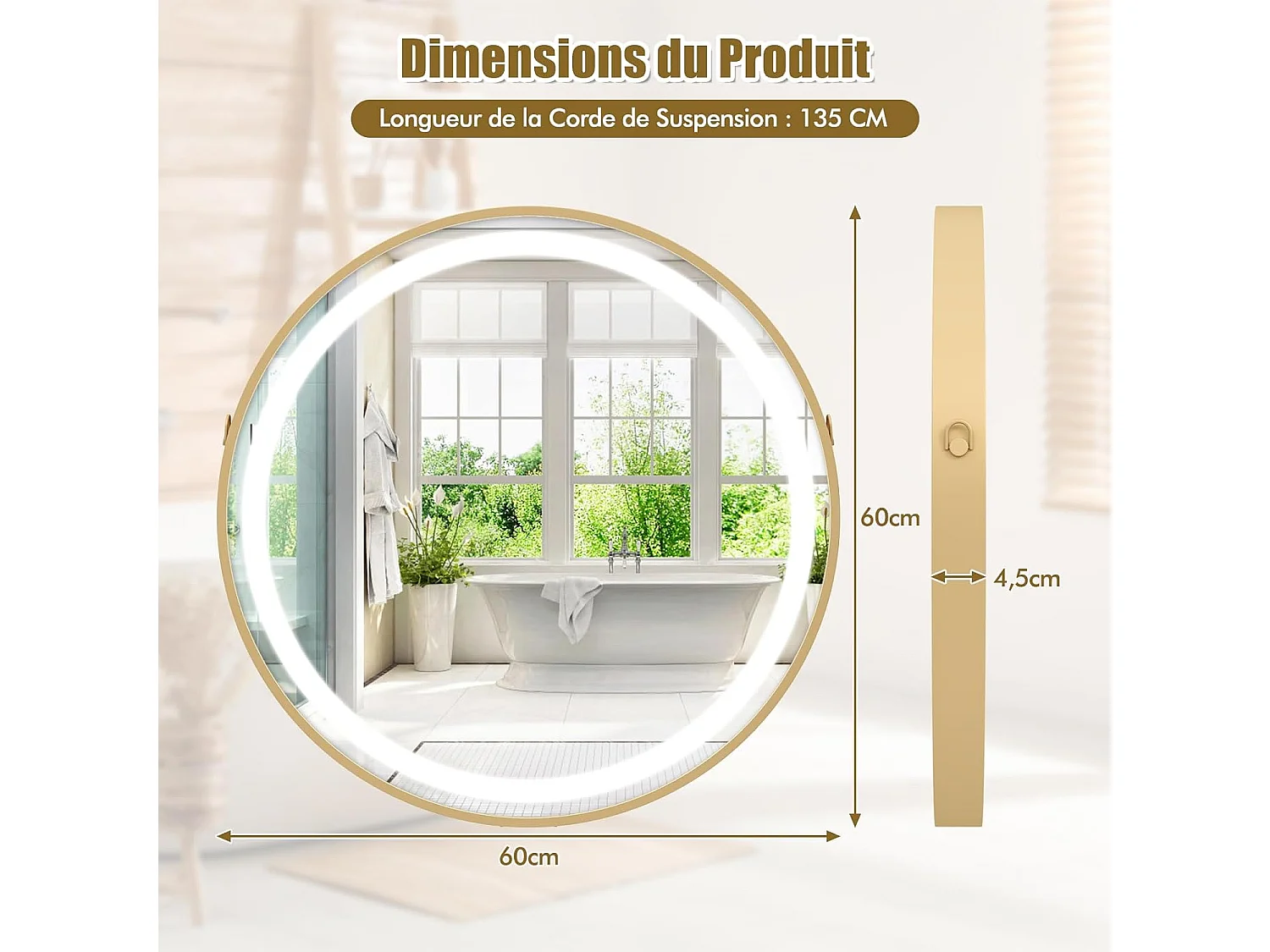 Miroir Mural de Salle de Bain Miroir Circulaire 60 x 60 cm avec Sangle de Suspension Lumière LED 3 Couleurs Fonction Mémoire, Argent