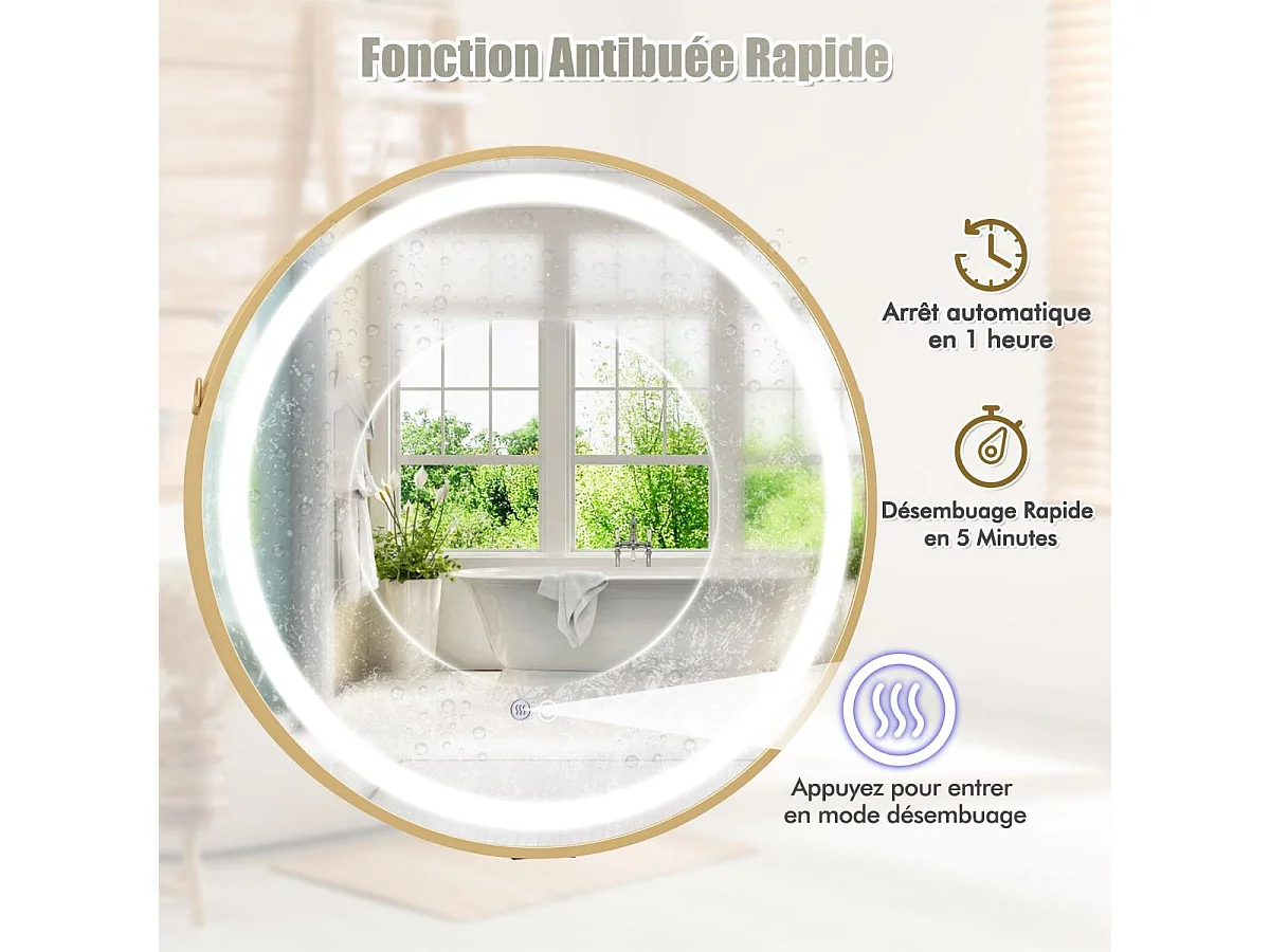 Miroir Mural de Salle de Bain Miroir Circulaire 60 x 60 cm avec Sangle de Suspension Lumière LED 3 Couleurs Fonction Mémoire, Argent