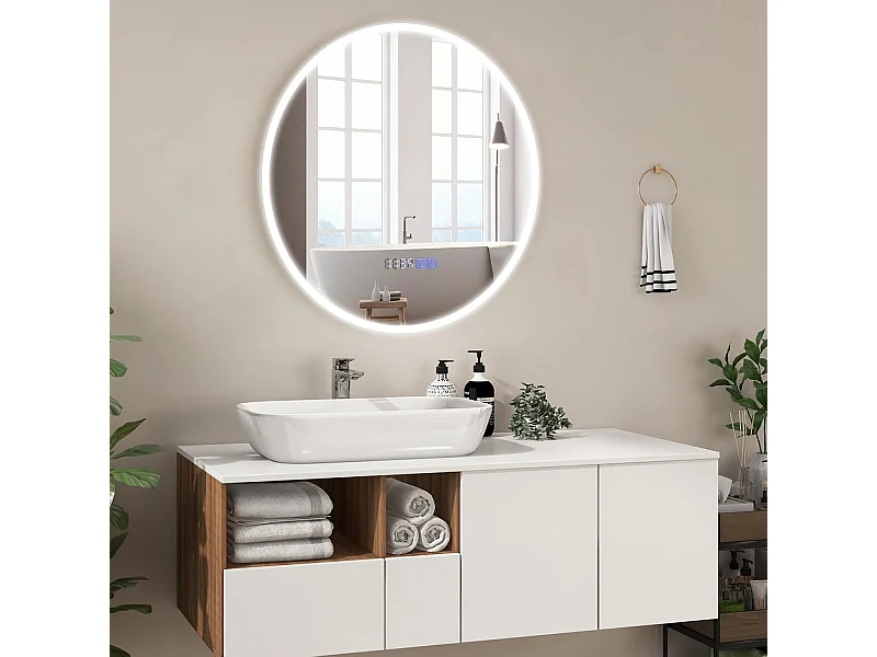 Miroir salle de bain led à 3 couleurs & luminosité réglable, rond anti-buée, φ 60 cm