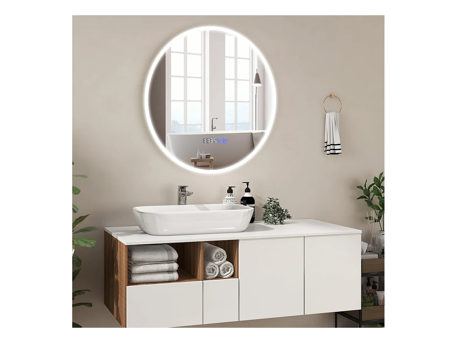 Miroir salle de bain led à 3 couleurs & luminosité réglable, rond anti-buée, φ 60 cm