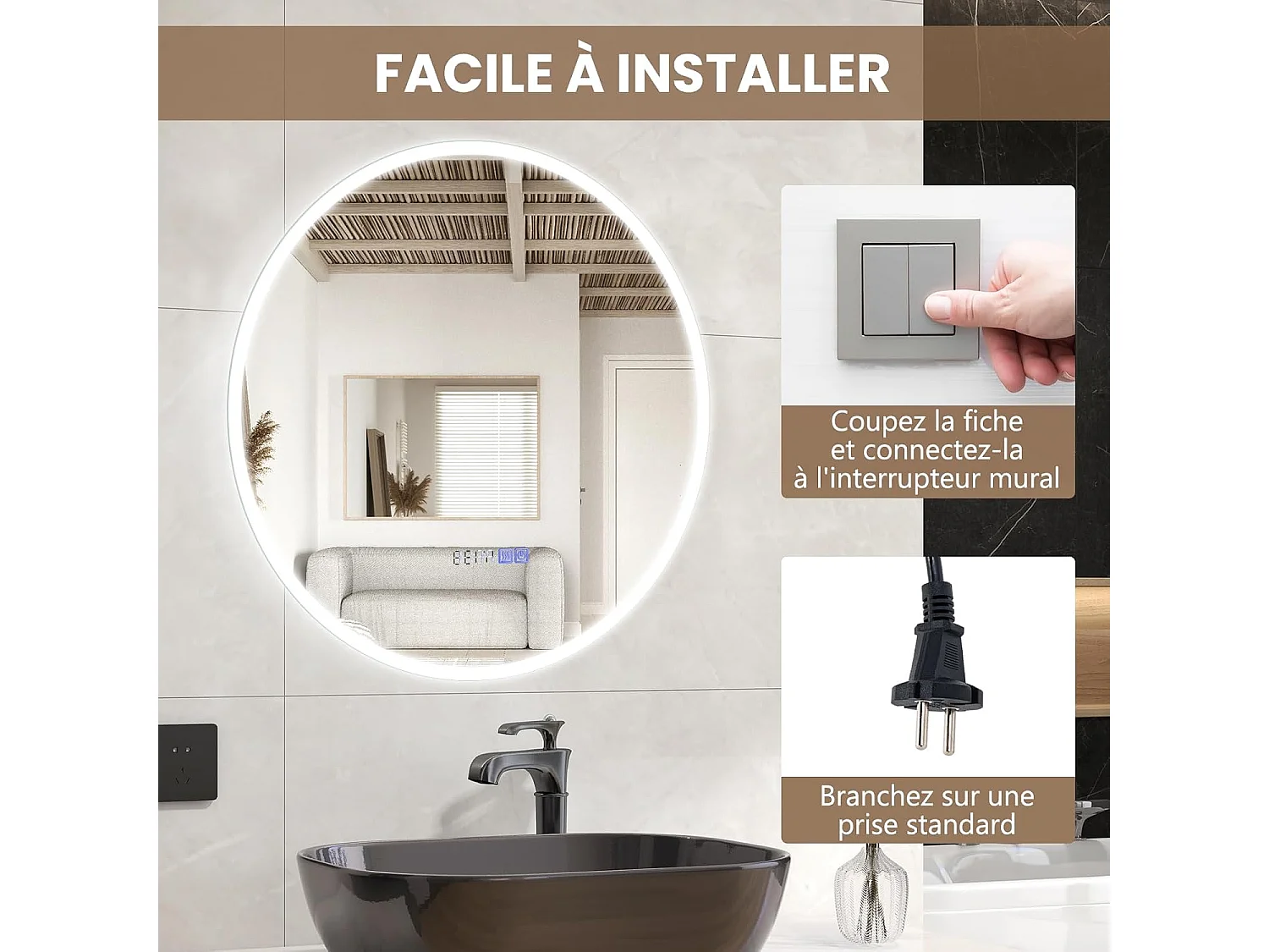 Miroir salle de bain led à 3 couleurs & luminosité réglable, rond anti-buée, φ 60 cm