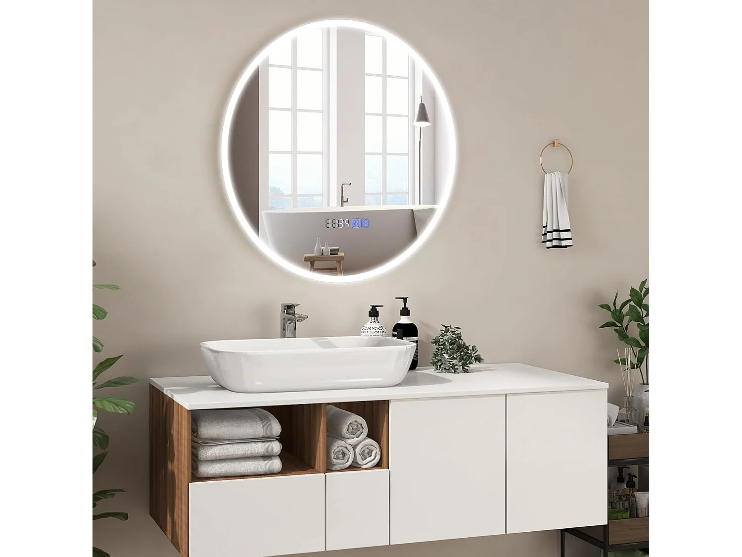 Miroir salle de bain led à 3 couleurs & luminosité réglable, rond anti-buée, φ 60 cm