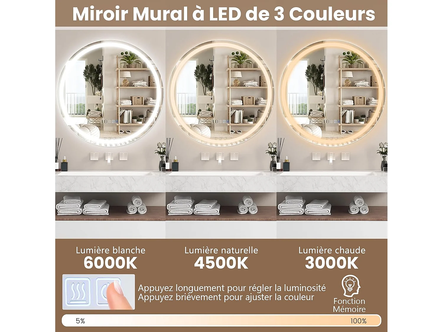 Miroir salle de bain led à 3 couleurs & luminosité réglable, rond anti-buée, φ 60 cm