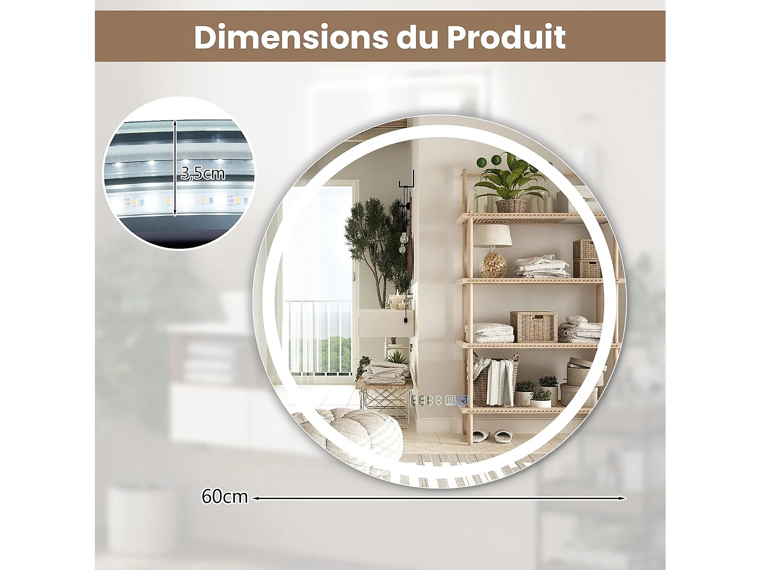 Miroir salle de bain led à 3 couleurs & luminosité réglable, rond anti-buée, φ 60 cm