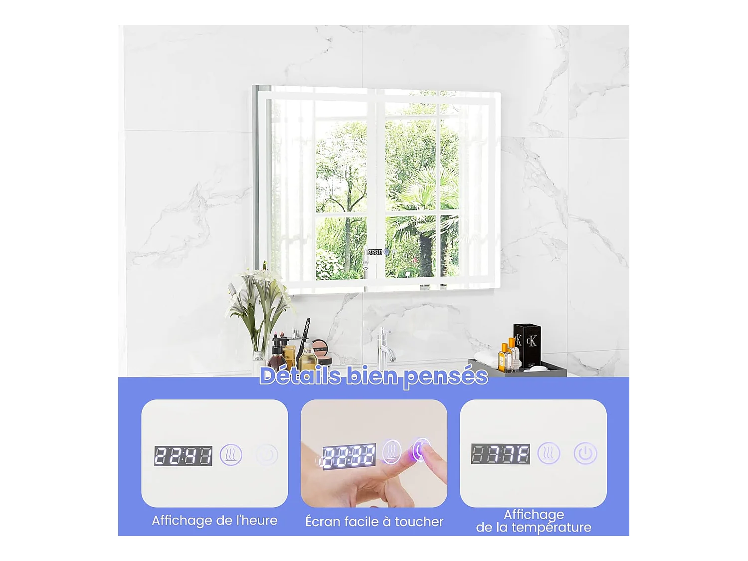 Miroir salle de bain led, miroir lumineux avec 3 couleurs et luminosité, (90x70x4cm)