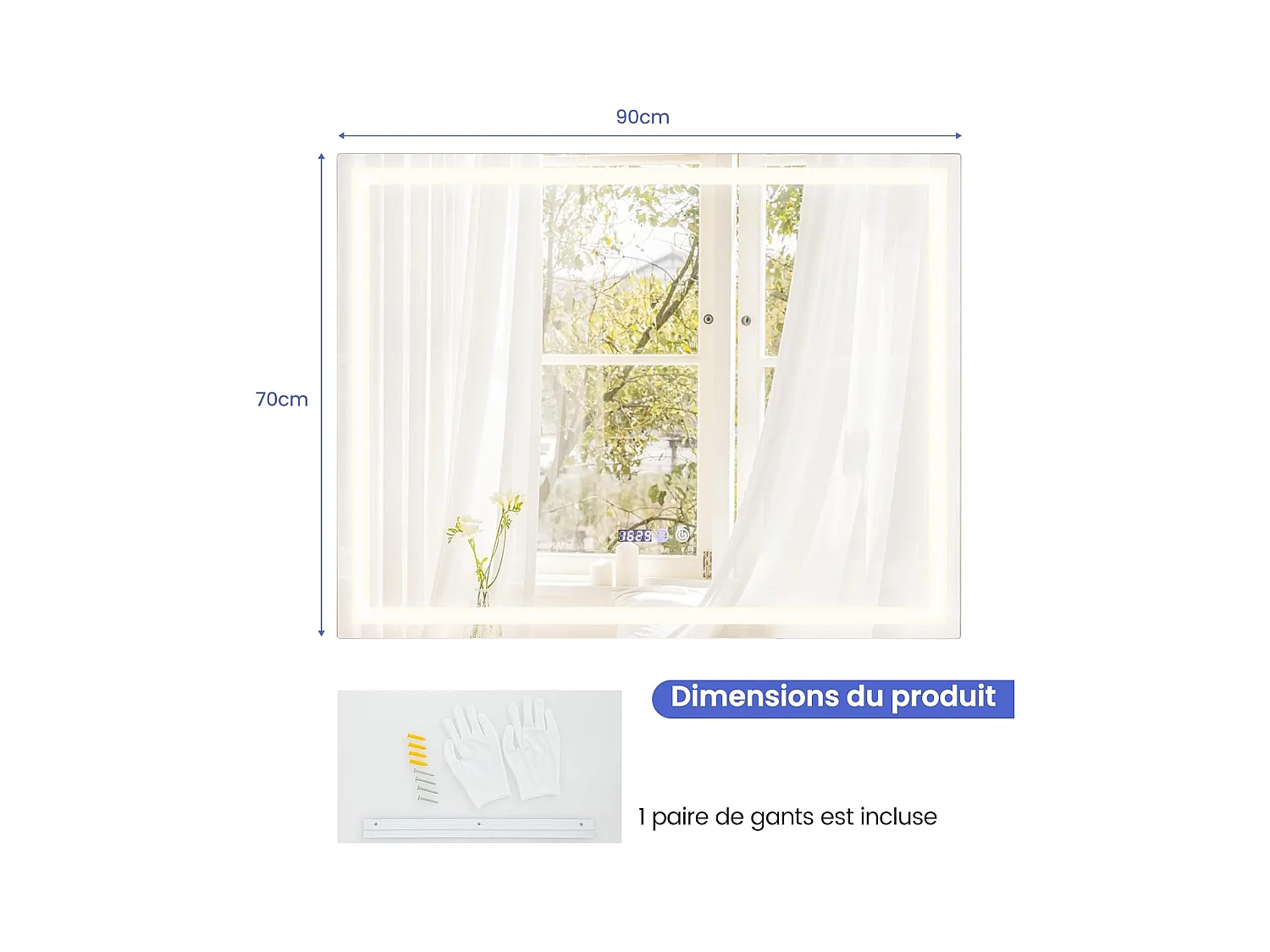 Miroir salle de bain led, miroir lumineux avec 3 couleurs et luminosité, (90x70x4cm)