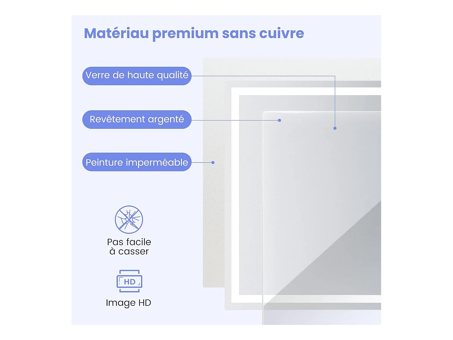 Miroir salle de bain led, miroir lumineux avec 3 couleurs et luminosité, (90x70x4cm)