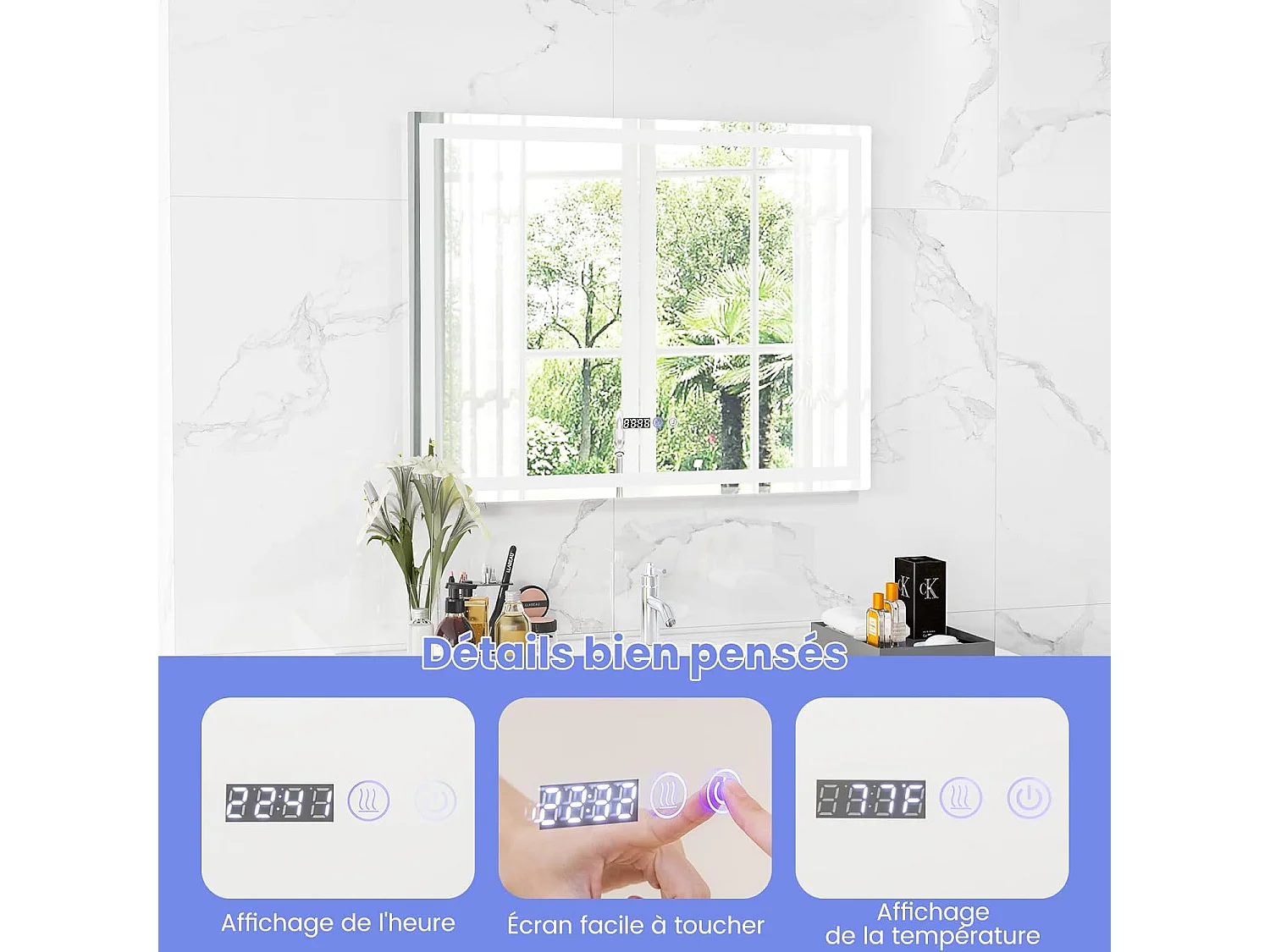 Miroir salle de bain led, miroir lumineux avec 3 couleurs et luminosité, (90x70x4cm)