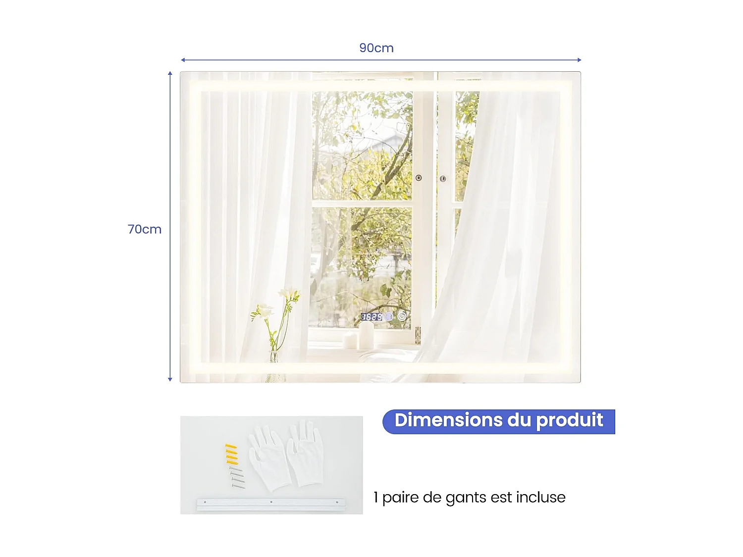 Miroir salle de bain led, miroir lumineux avec 3 couleurs et luminosité, (90x70x4cm)