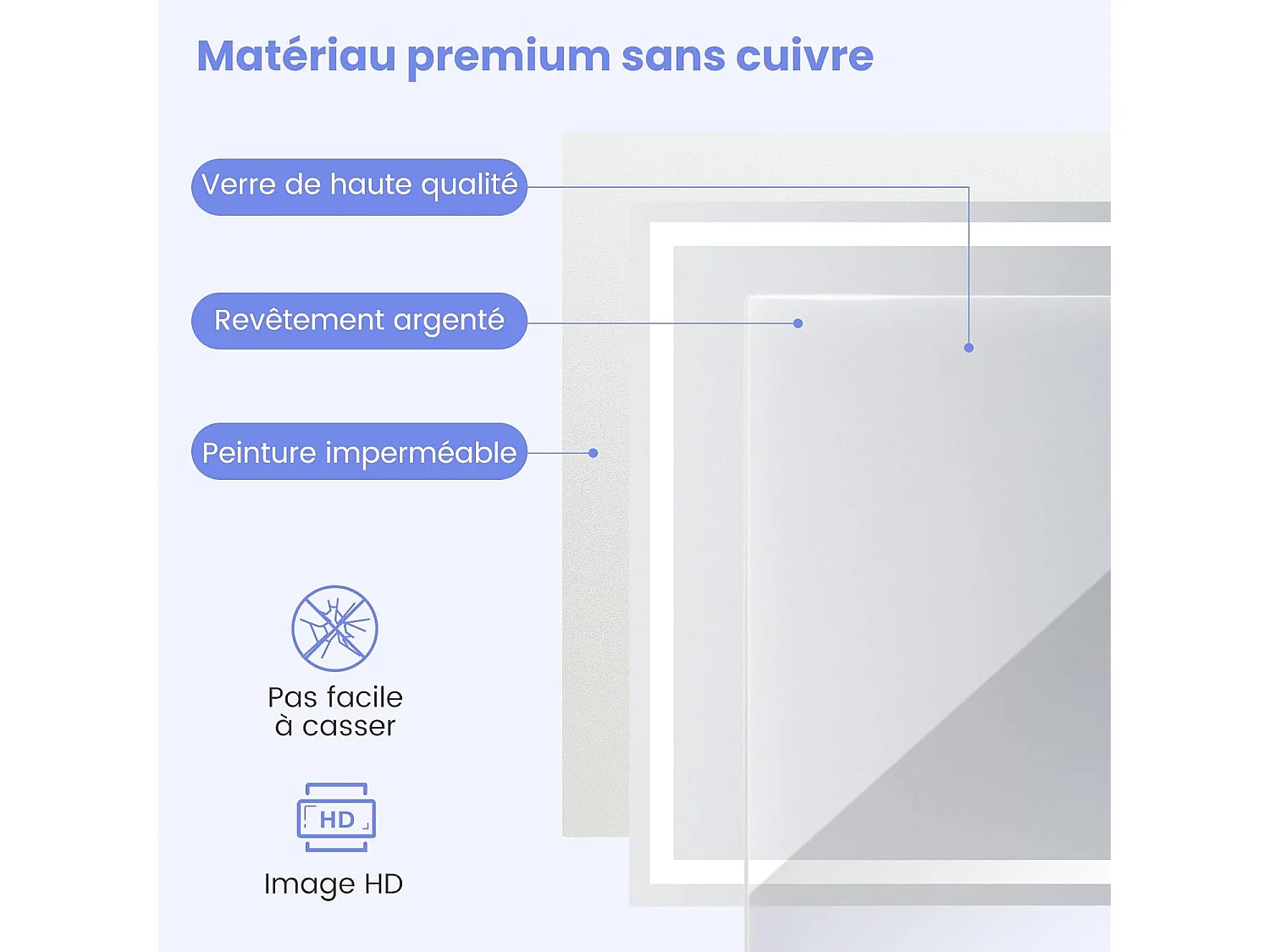 Miroir salle de bain led, miroir lumineux avec 3 couleurs et luminosité, (90x70x4cm)