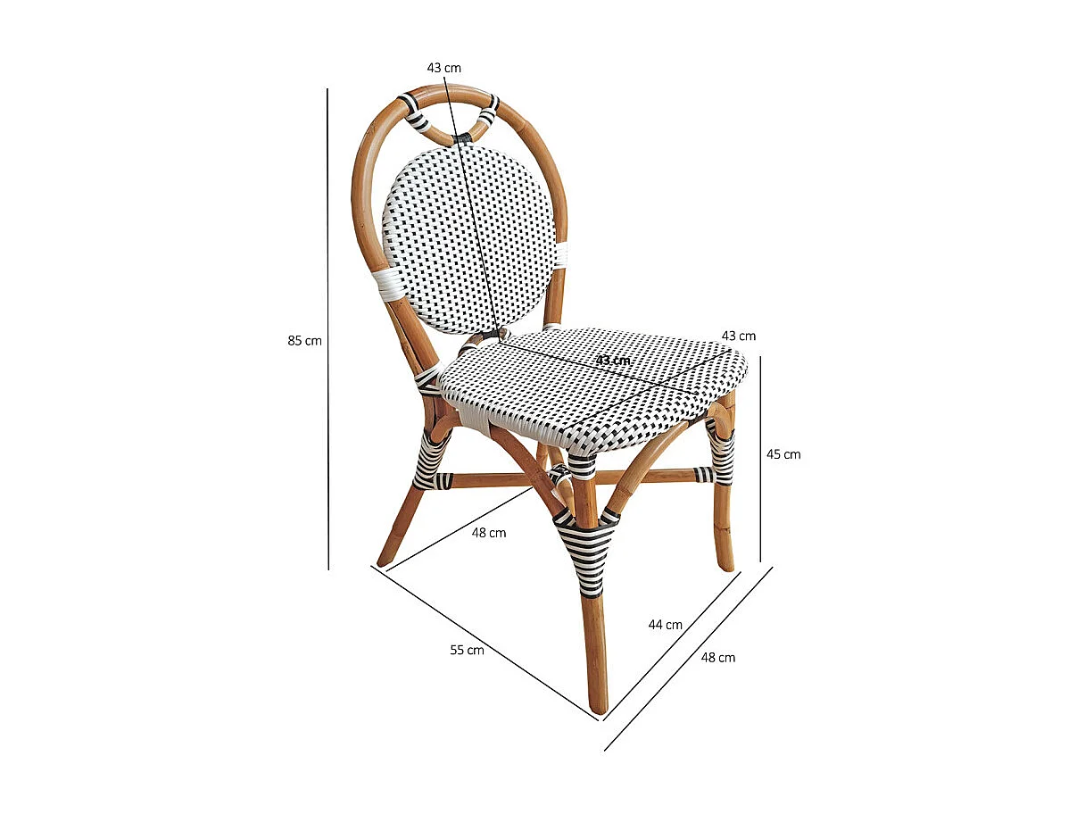 Lot 2 chaises bistrot en rotin naturel cannage noir et blanc - PIGALLE