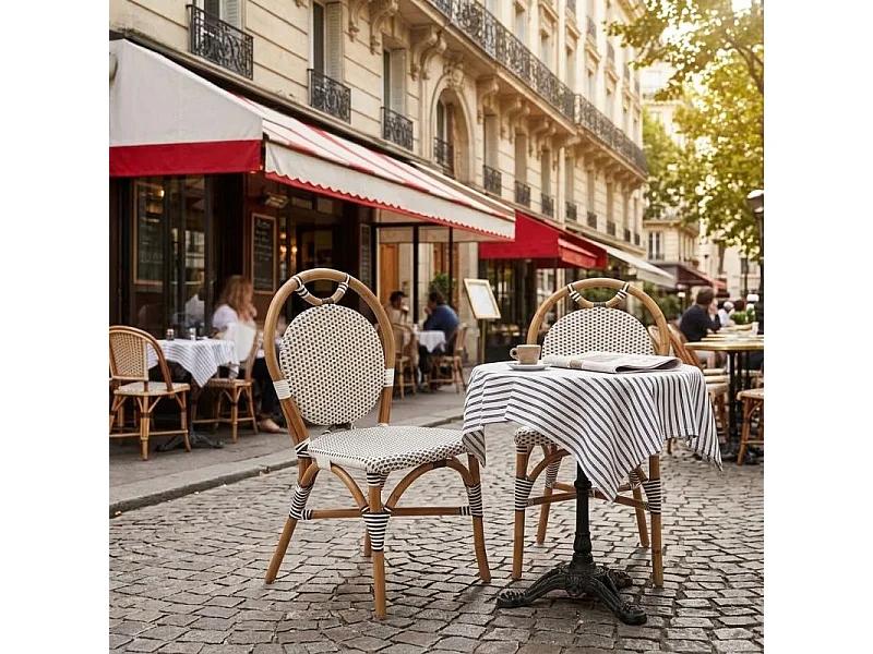 Lot de 2 chaises bistrot empilables en rotin tressage noir et blanc – PIGALLE