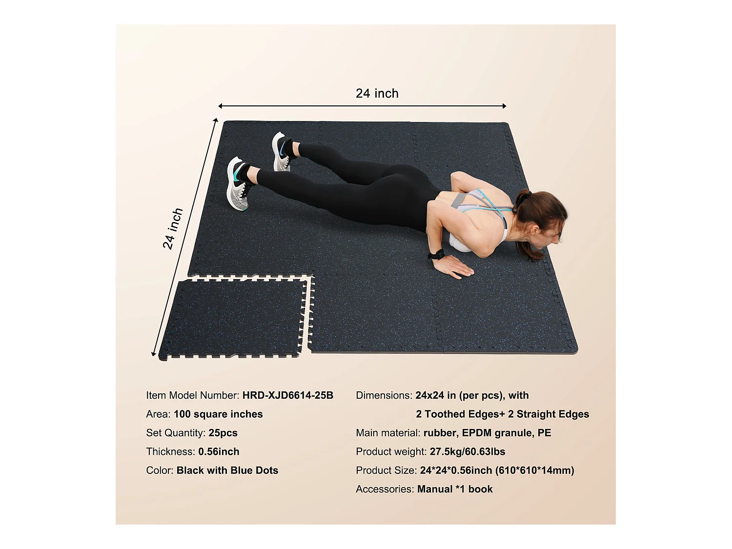 Tapis de Sol à Emboîtement, SucceBuy Tapis de Sol de Salle de Sport de 1.4 cm d'Épaisseur, 25 Carreaux, Dessus en Caoutchouc, Noir et Bleu
