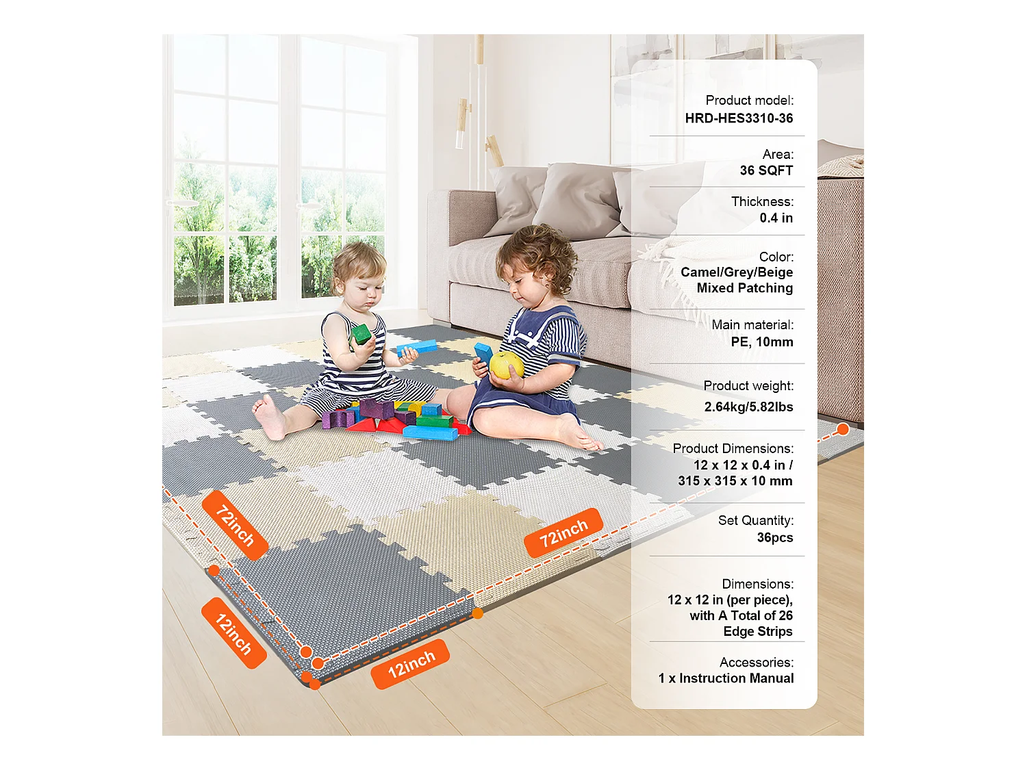 Tapis de Sol à Emboîtement, SucceBuy Tapis de Jeu Puzzle en Mousse pour Enfants, 1 cm, 36 Pièces de Tuiles Souples EVA Emboîtables