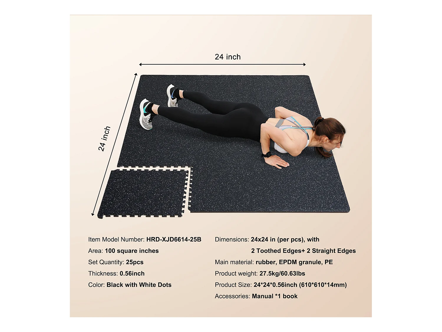 Tapis de Sol à Emboîtement, SucceBuy Tapis de Sol de Salle de Sport de 1.4 cm d'Épaisseur, 25 Carreaux, Dessus en Caoutchouc, Noir et Blanc