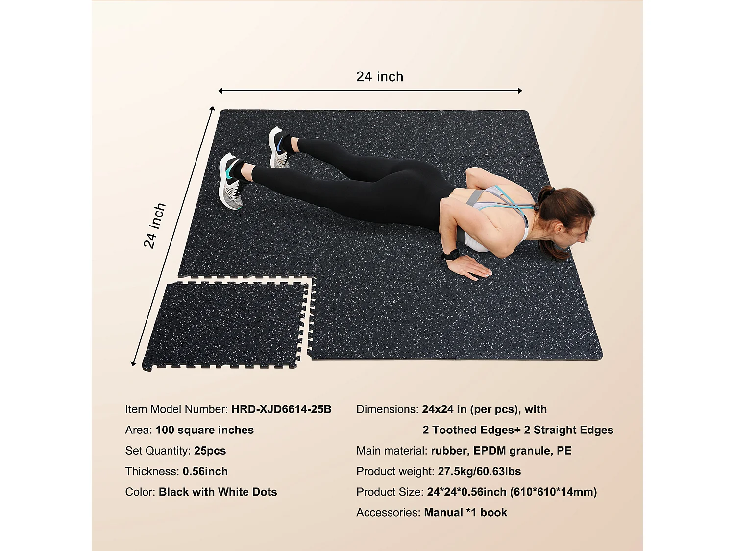 In Elkaar Grijpende Vloermat, SucceBuy 1.4 cm Dikke Sportmat, 25 Tegels, Rubberen Bovenkant, Zwart en Wit