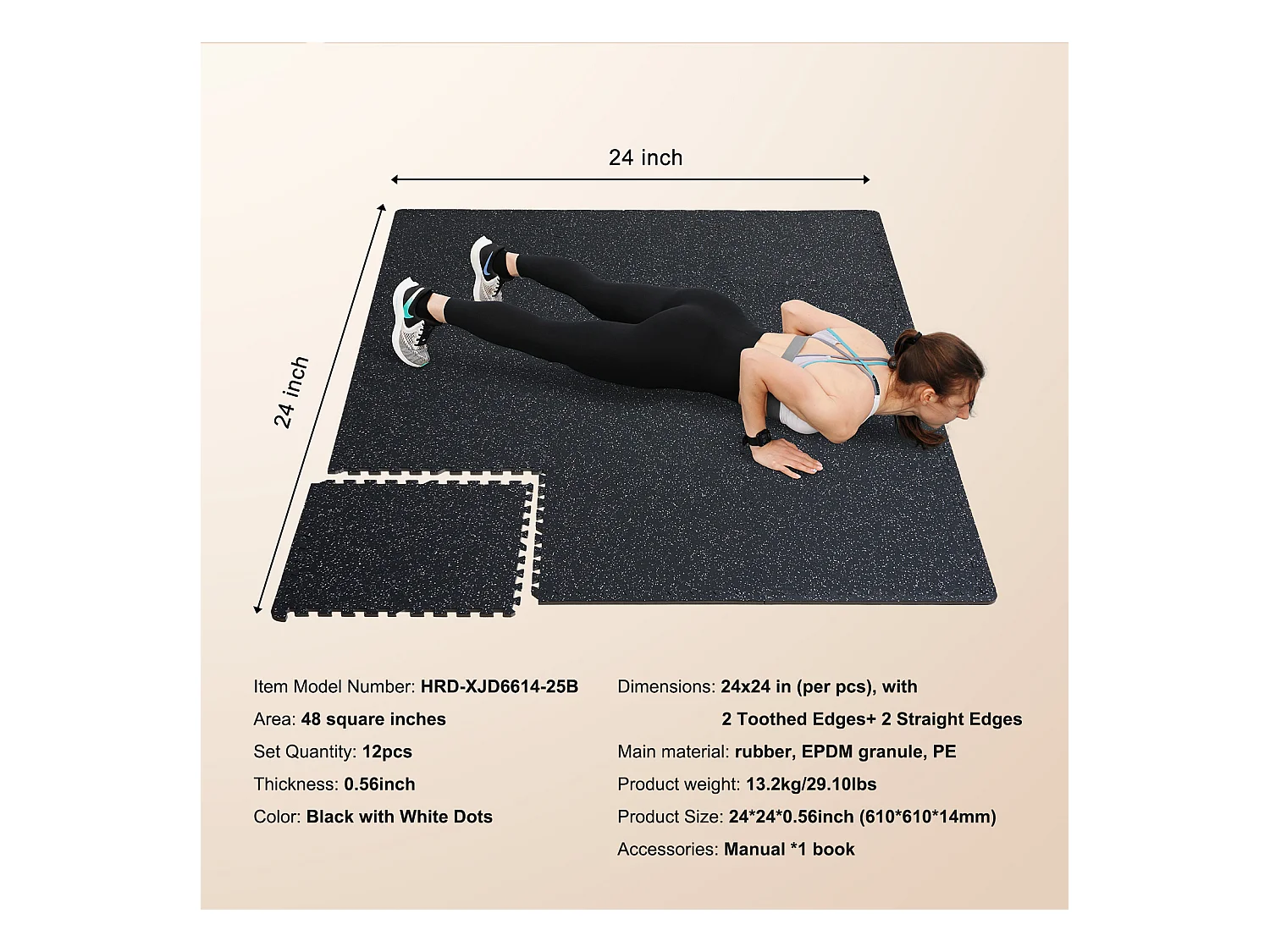 Tapis de Sol à Emboîtement, SucceBuy Tapis de Sol de Salle de Sport de 1.4 cm d'Épaisseur, 12 Carreaux, Dessus en Caoutchouc, Noir et Blanc