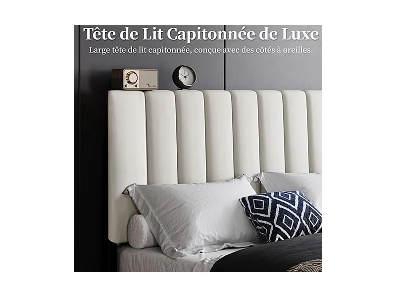 Lit adulte 140x190 cm inre - lit capitonné avec tête de lit en tissu - sommier à lattes - lit double pour 2 personnes - beige