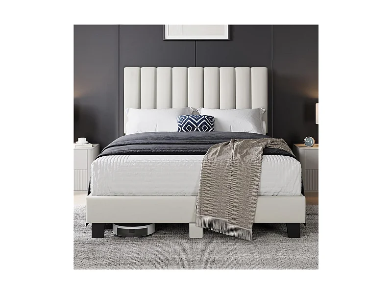 Tweepersoonsbed 140x190 cm Inre - gestoffeerd bed met stoffen hoofdbord - lattenbodem - bed voor 2 personen - beige