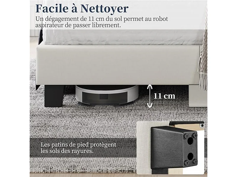 Lit adulte 140x190 cm inre - lit capitonné avec tête de lit en tissu - sommier à lattes - lit double pour 2 personnes - beige