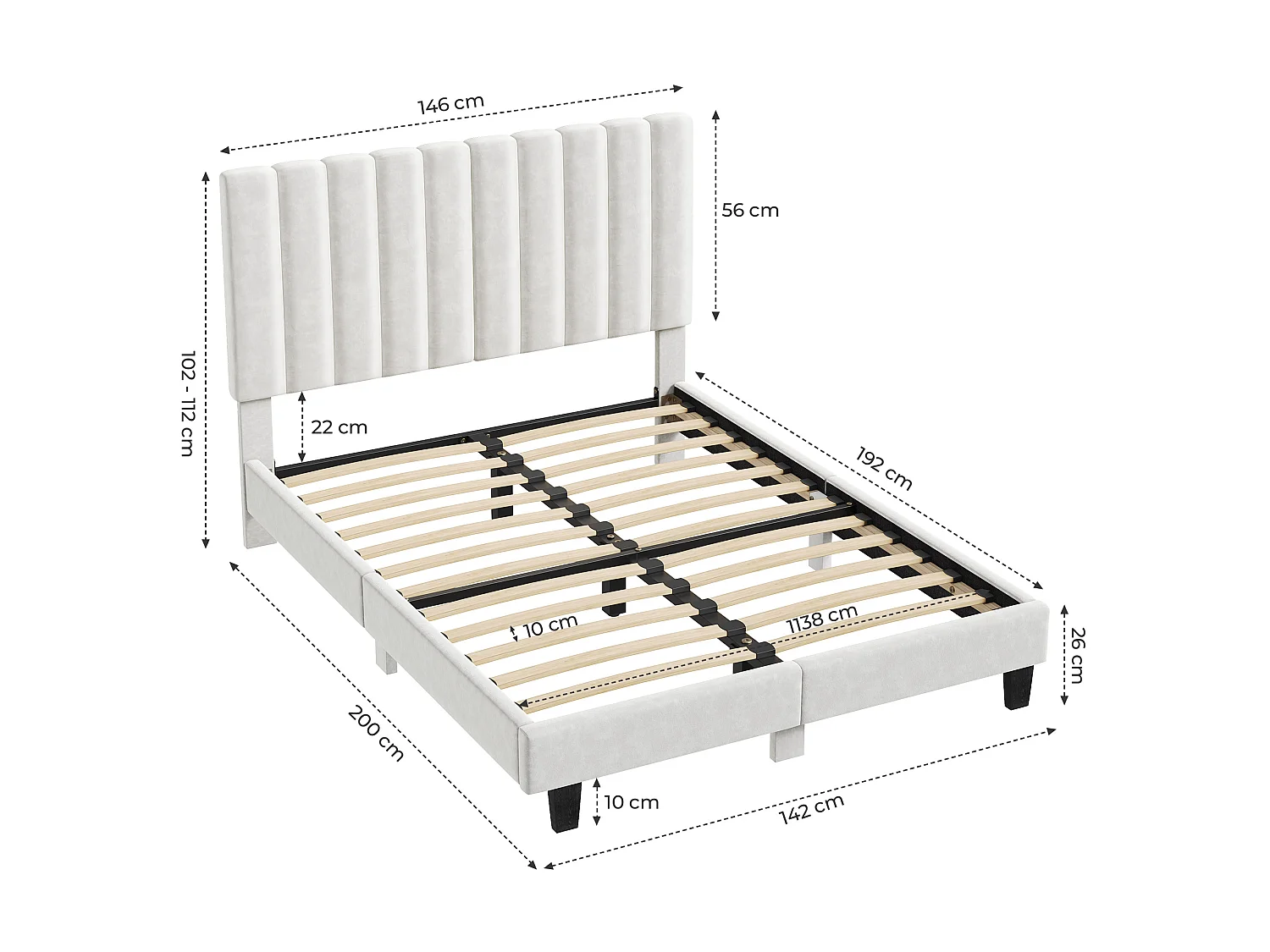 Lit adulte 140x190 cm inre - lit capitonné avec tête de lit en tissu - sommier à lattes - lit double pour 2 personnes - beige