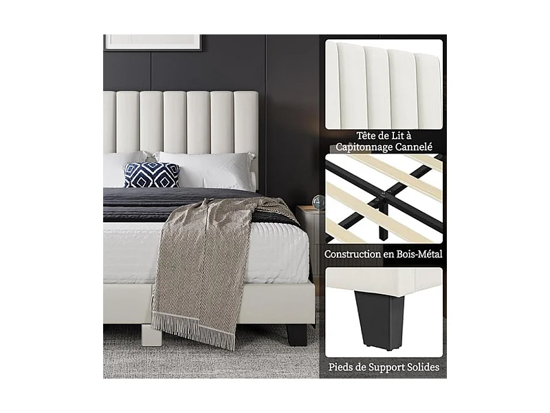 Lit adulte 160x200 cm inre - lit capitonné avec tête de lit en tissu - sommier à lattes - lit double pour 2 personnes - beige