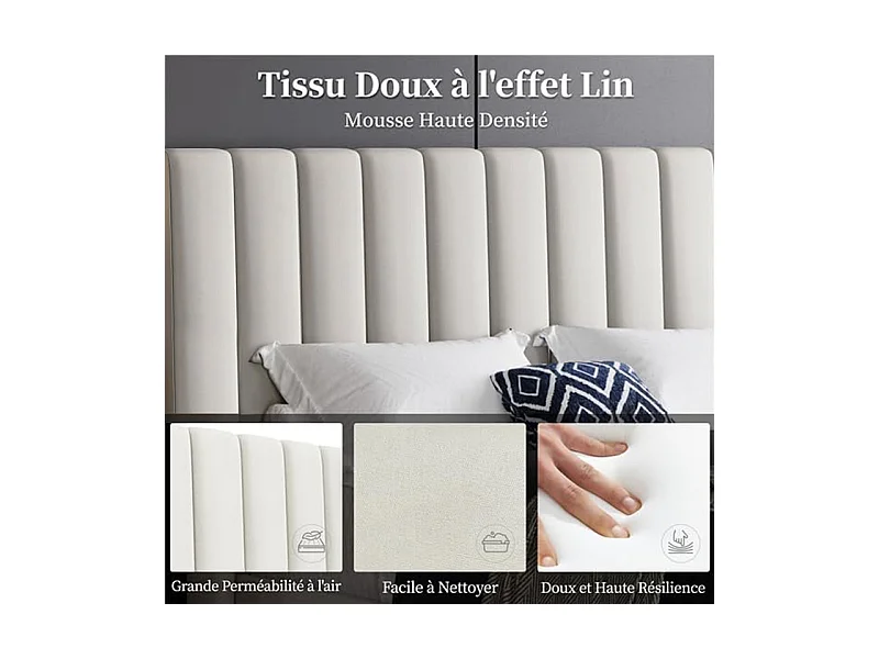 Lit adulte 160x200 cm inre - lit capitonné avec tête de lit en tissu - sommier à lattes - lit double pour 2 personnes - beige