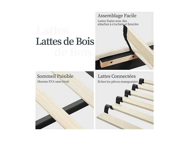 Lit adulte 160x200 cm inre - lit capitonné avec tête de lit en tissu - sommier à lattes - lit double pour 2 personnes - beige