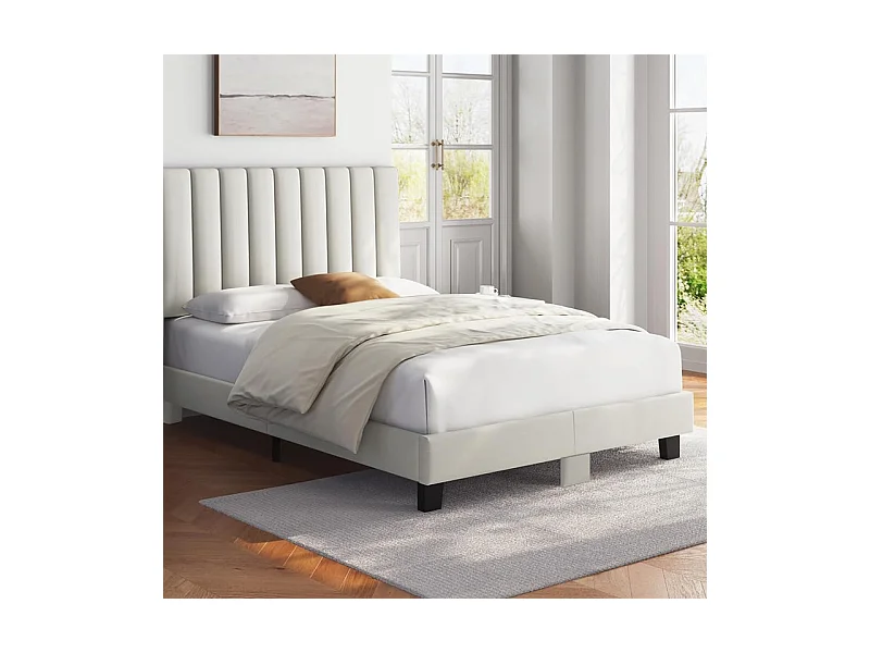Lit adulte 160x200 cm inre - lit capitonné avec tête de lit en tissu - sommier à lattes - lit double pour 2 personnes - beige