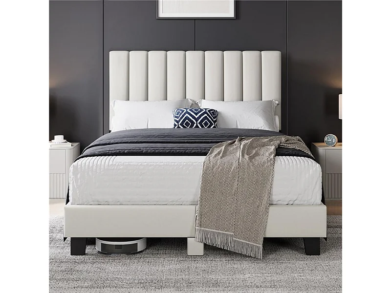 Lit adulte 160x200 cm inre - lit capitonné avec tête de lit en tissu - sommier à lattes - lit double pour 2 personnes - beige