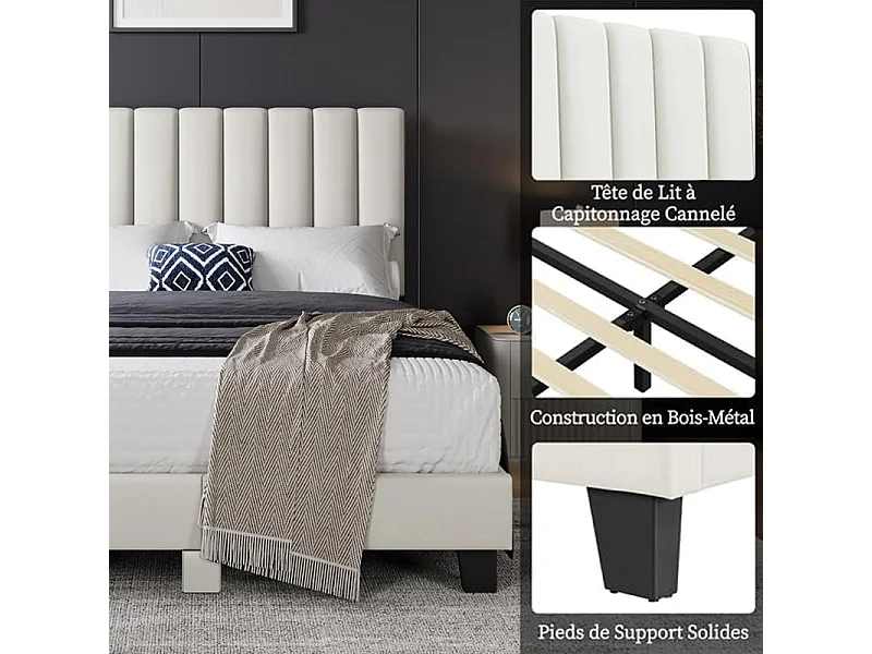 Lit adulte 160x200 cm inre - lit capitonné avec tête de lit en tissu - sommier à lattes - lit double pour 2 personnes - beige