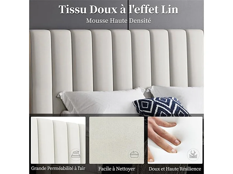 Lit adulte 160x200 cm inre - lit capitonné avec tête de lit en tissu - sommier à lattes - lit double pour 2 personnes - beige