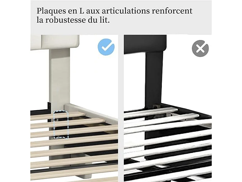 Lit adulte 160x200 cm inre - lit capitonné avec tête de lit en tissu - sommier à lattes - lit double pour 2 personnes - beige