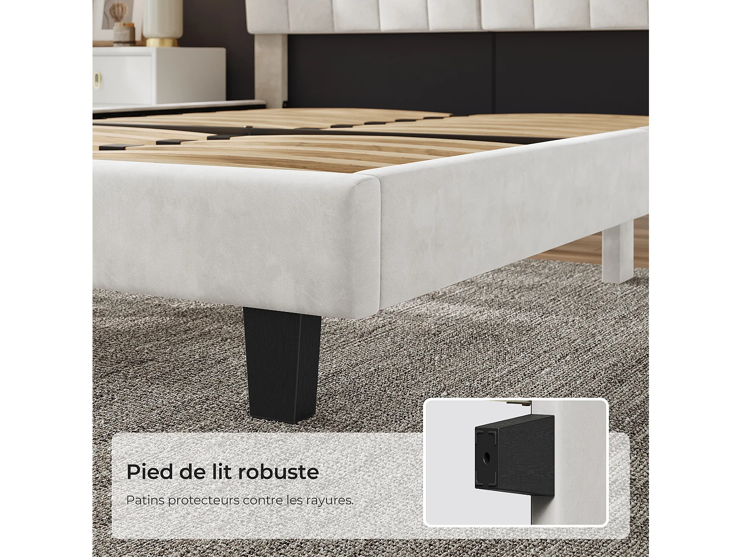Lit adulte 160x200 cm inre - lit capitonné avec tête de lit en tissu - sommier à lattes - lit double pour 2 personnes - beige