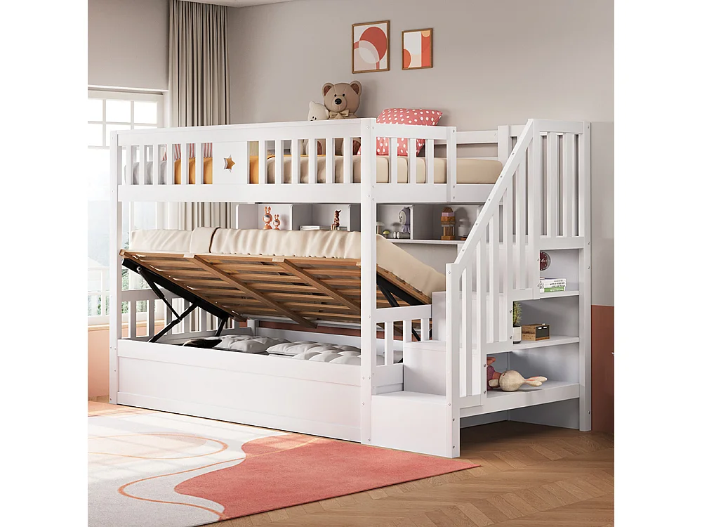 Stapelbed voor kinderen 90 x 200 cm, van hout, hydraulisch bed, trap met opbergruimte, wit