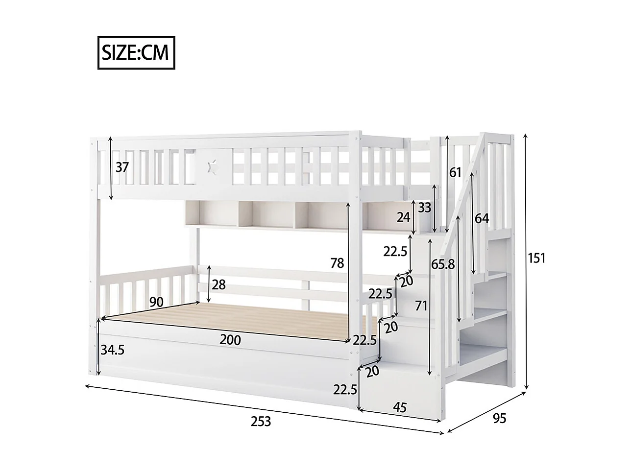 Stapelbed voor kinderen 90 x 200 cm, van hout, hydraulisch bed, trap met opbergruimte, wit