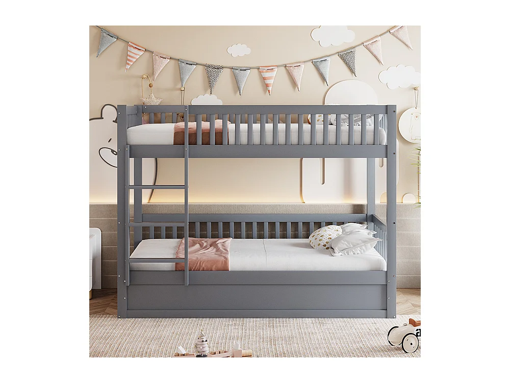 Litera para niños 90 x 200 cm, de madera maciza, sistema de soporte hidráulico, gris