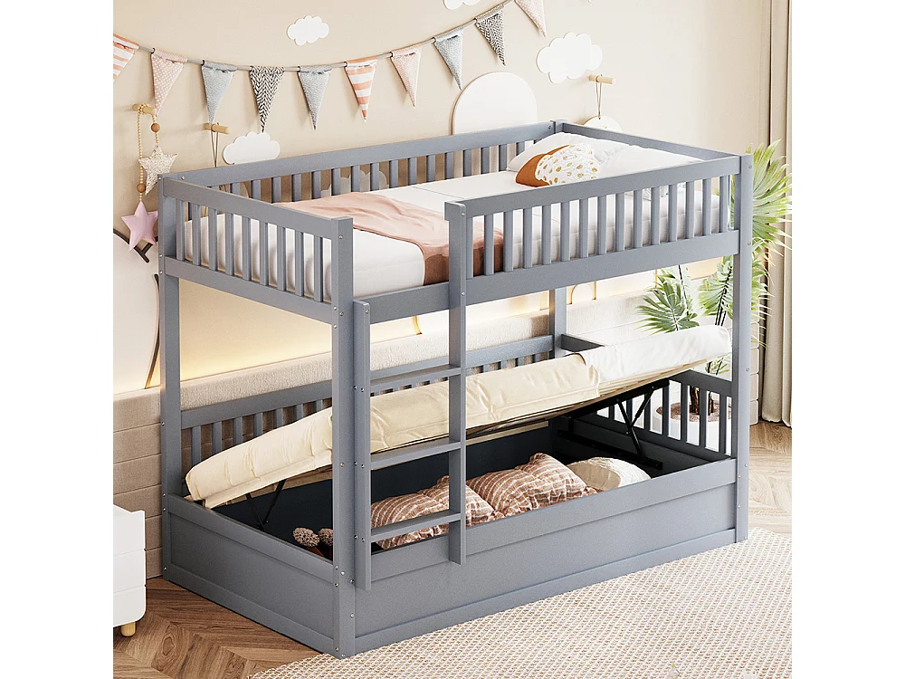 Etagenbett für Kinder 90 x 200 cm, aus Massivholz, hydraulisches Stützsystem, grau