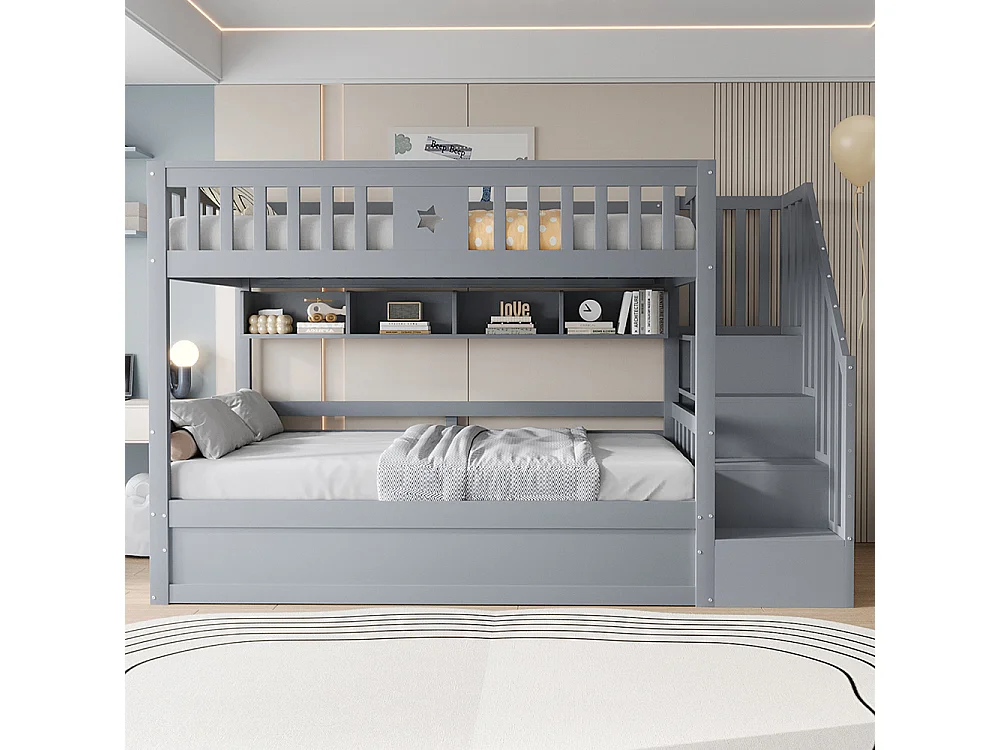 Stapelbed voor kinderen 90 x 200 cm, van hout, hydraulisch bed, trap met opbergruimte, grijs