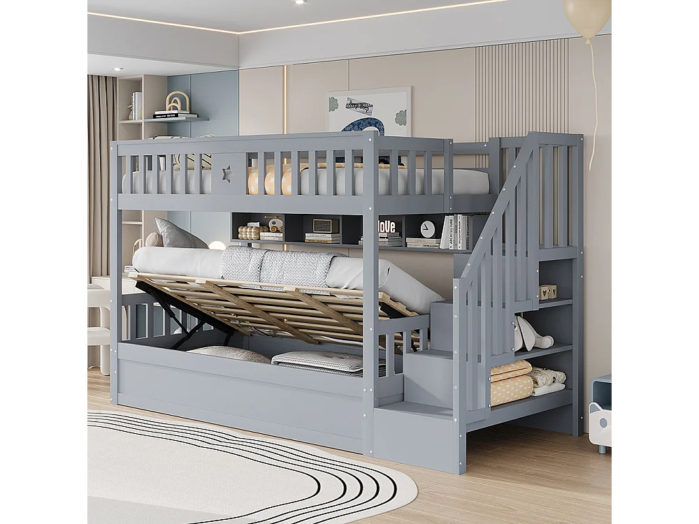 Stapelbed voor kinderen 90 x 200 cm, van hout, hydraulisch bed, trap met opbergruimte, grijs