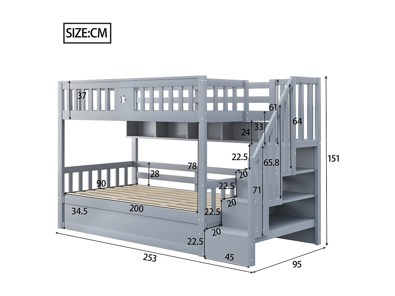 Stapelbed voor kinderen 90 x 200 cm, van hout, hydraulisch bed, trap met opbergruimte, grijs