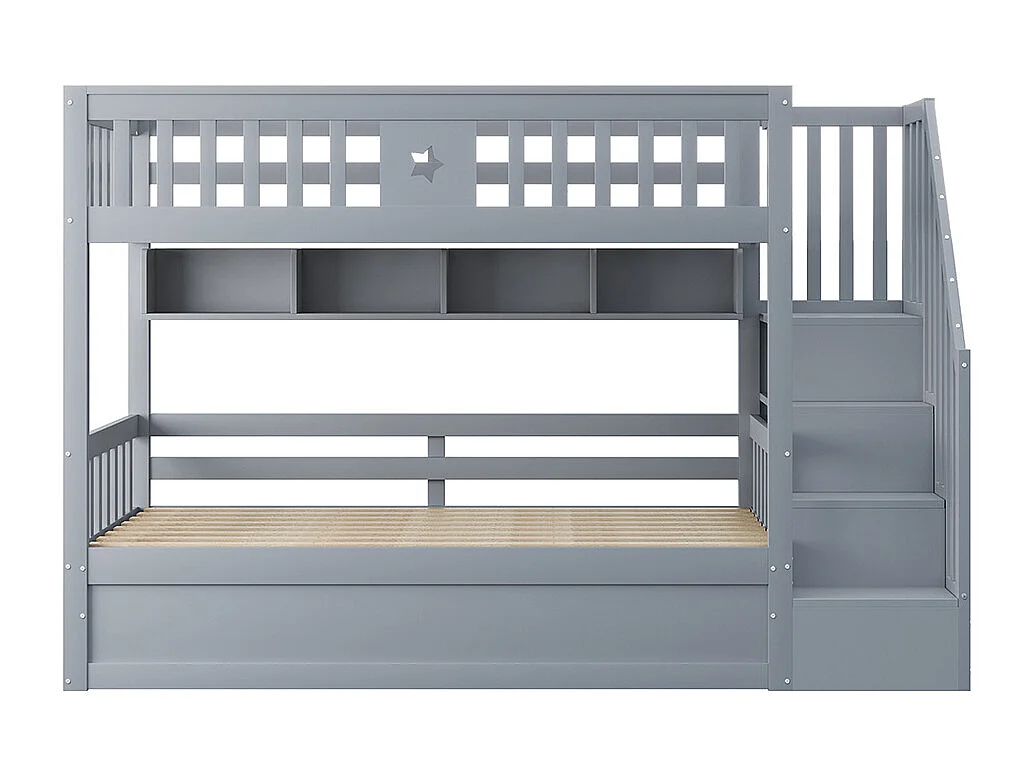 Stapelbed voor kinderen 90 x 200 cm, van hout, hydraulisch bed, trap met opbergruimte, grijs