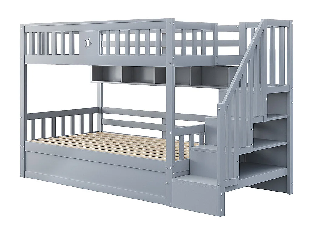 Stapelbed voor kinderen 90 x 200 cm, van hout, hydraulisch bed, trap met opbergruimte, grijs