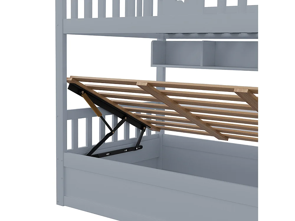 Stapelbed voor kinderen 90 x 200 cm, van hout, hydraulisch bed, trap met opbergruimte, grijs
