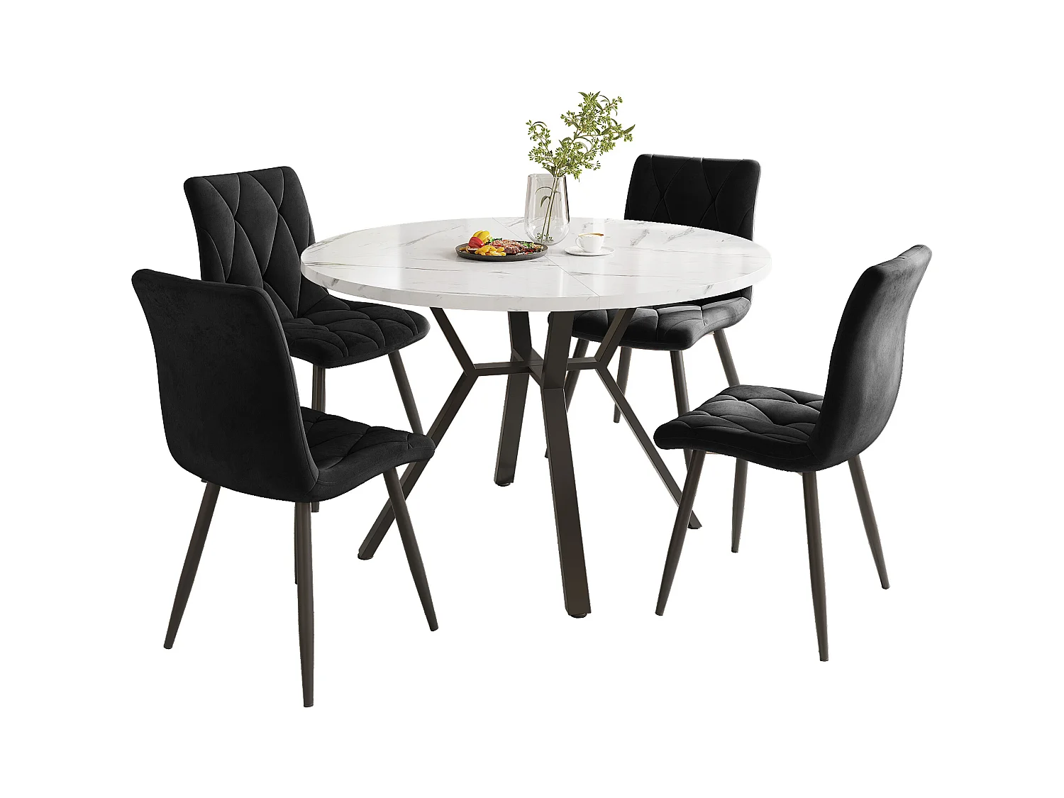 Set tavolo da pranzo rotondo e 4 sedie - piano effetto marmo, gambe in metallo dorato - Nero